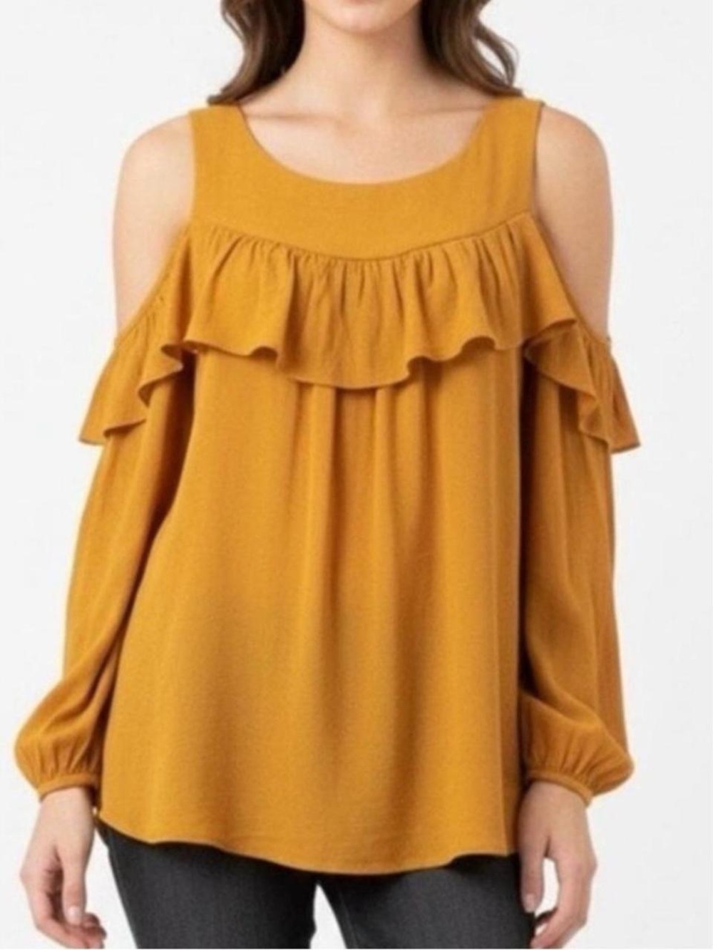 Mauve Mustard Cold-Shoulder Ruffle Top - Picture 1 of 3